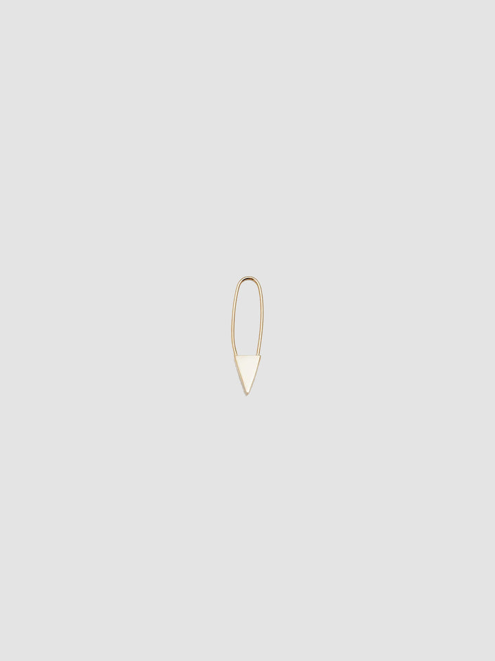 Mini Triangle Safety Pin Earring in Yellow Gold, light grey background.