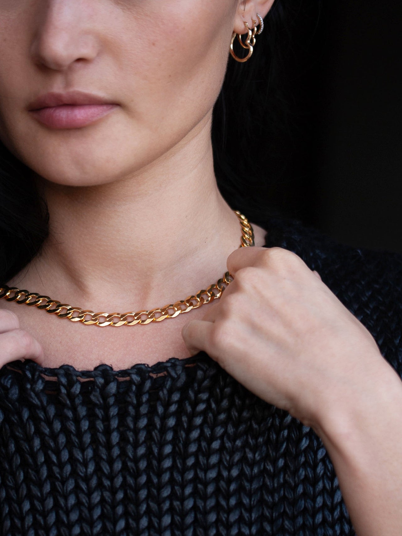 14Kt Yellow Gold Vermeil Flat Curb Chain pictured on model.