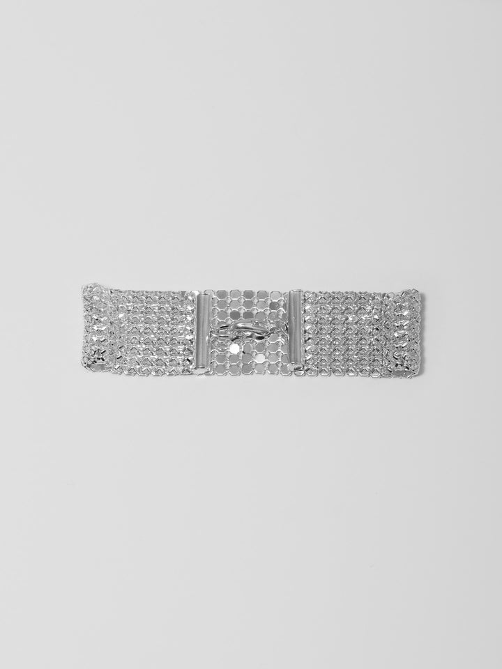 Sterling Silver Plated Metal Mesh Chain Bracelet shot on light grey background.
