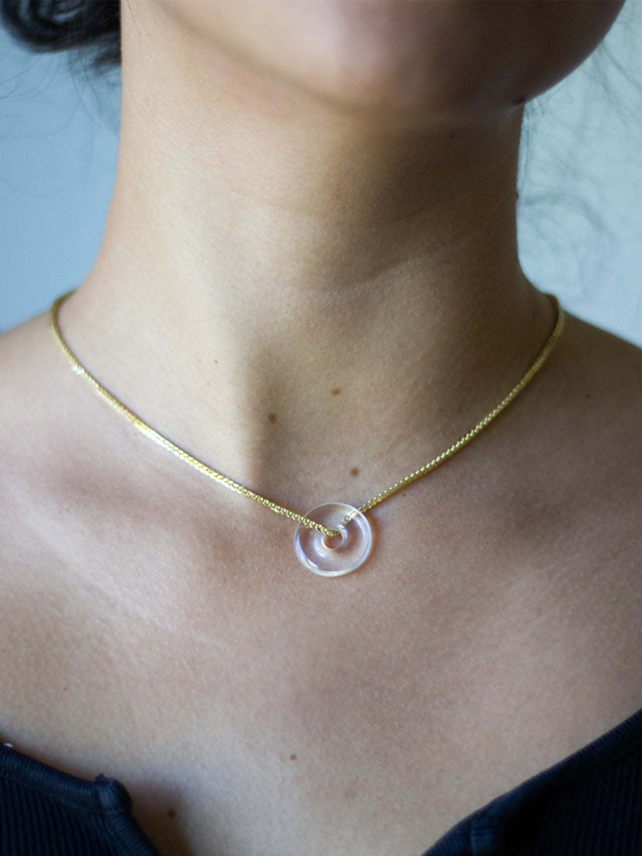 14kt Yellow Gold Square Wheat Chain & Quartz Pendant Necklace pictured on model.