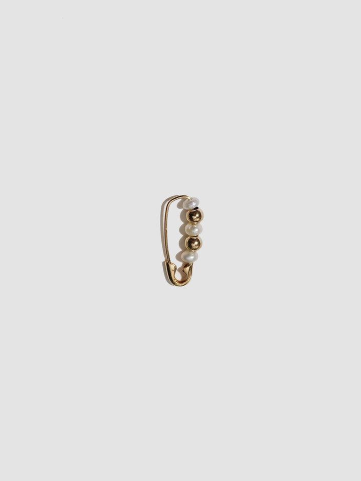 14kt Yellow Gold Friendship Bead Pearl Safety Pin light grey background.