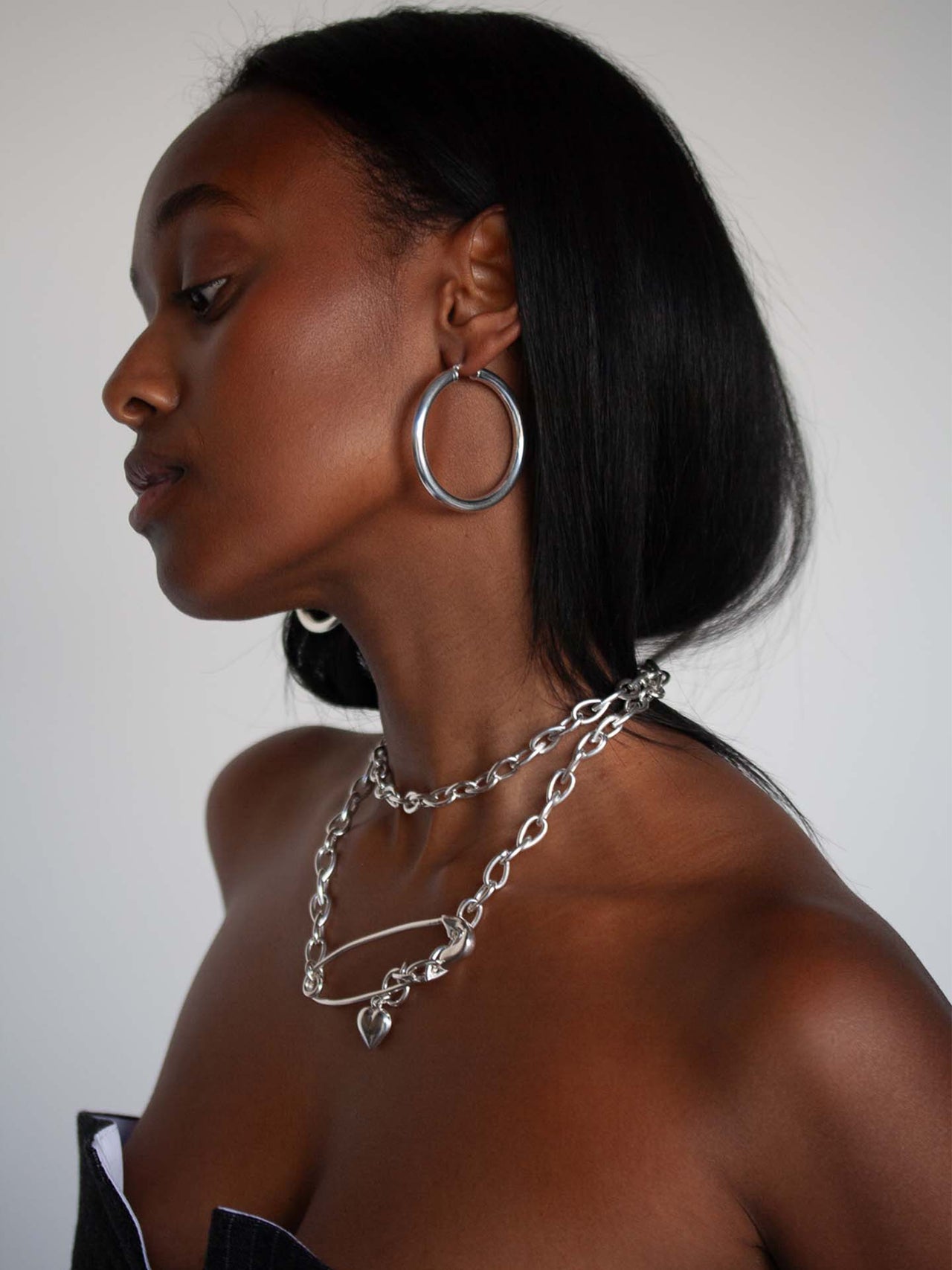 Sterling Silver Safety Pin Body Chain worn as a necklace