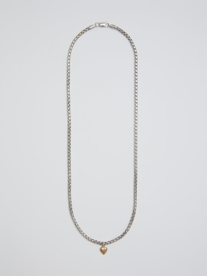 Gordita Necklace: Sterling Silver Round Box Chain 3.3mm Wide 20'' Total Length 14kt Yellow Gold Puff Heart Pendant