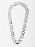 Sterling Silver Double Link Chain Necklace with Amore Heart closure pictured on light grey background.