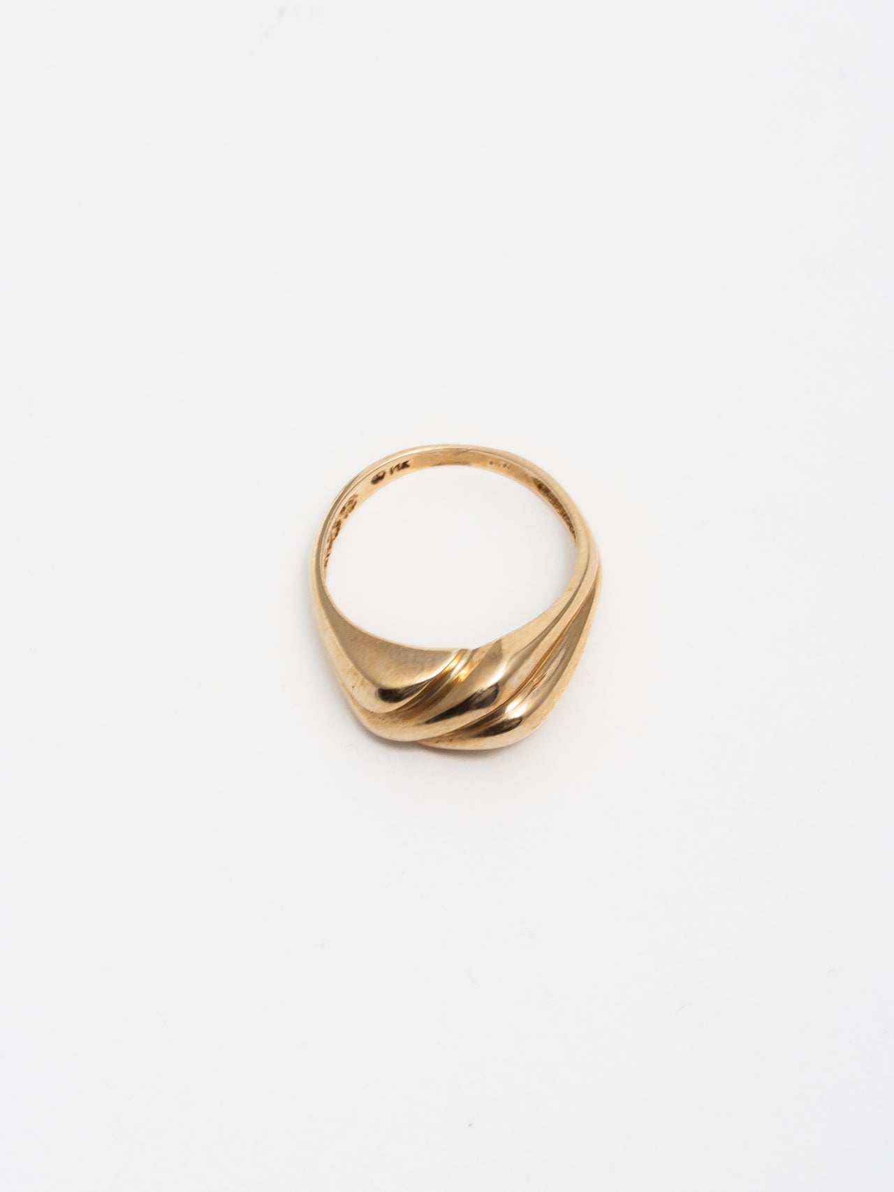Overview of 14Kt Yellow Gold Layered Dome Ring. Light grey background. 