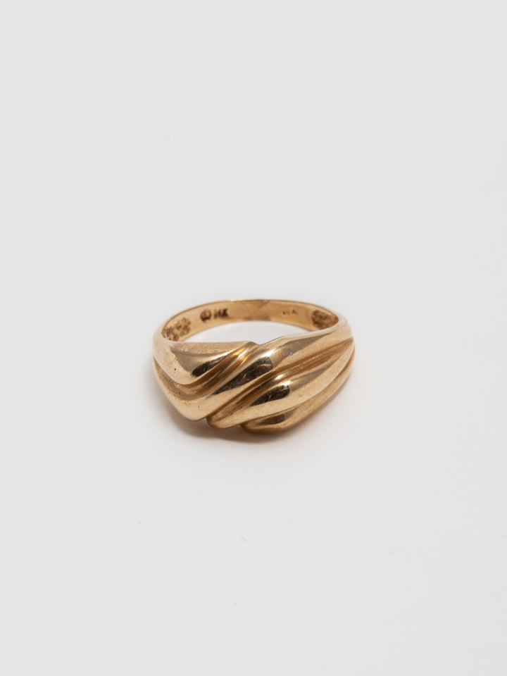 14Kt Yellow Gold Layered Dome Ring pictured on light grey background. 