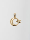 14Kt Yellow Gold Crescent Moon & Star Pendant pictured on light grey background.
