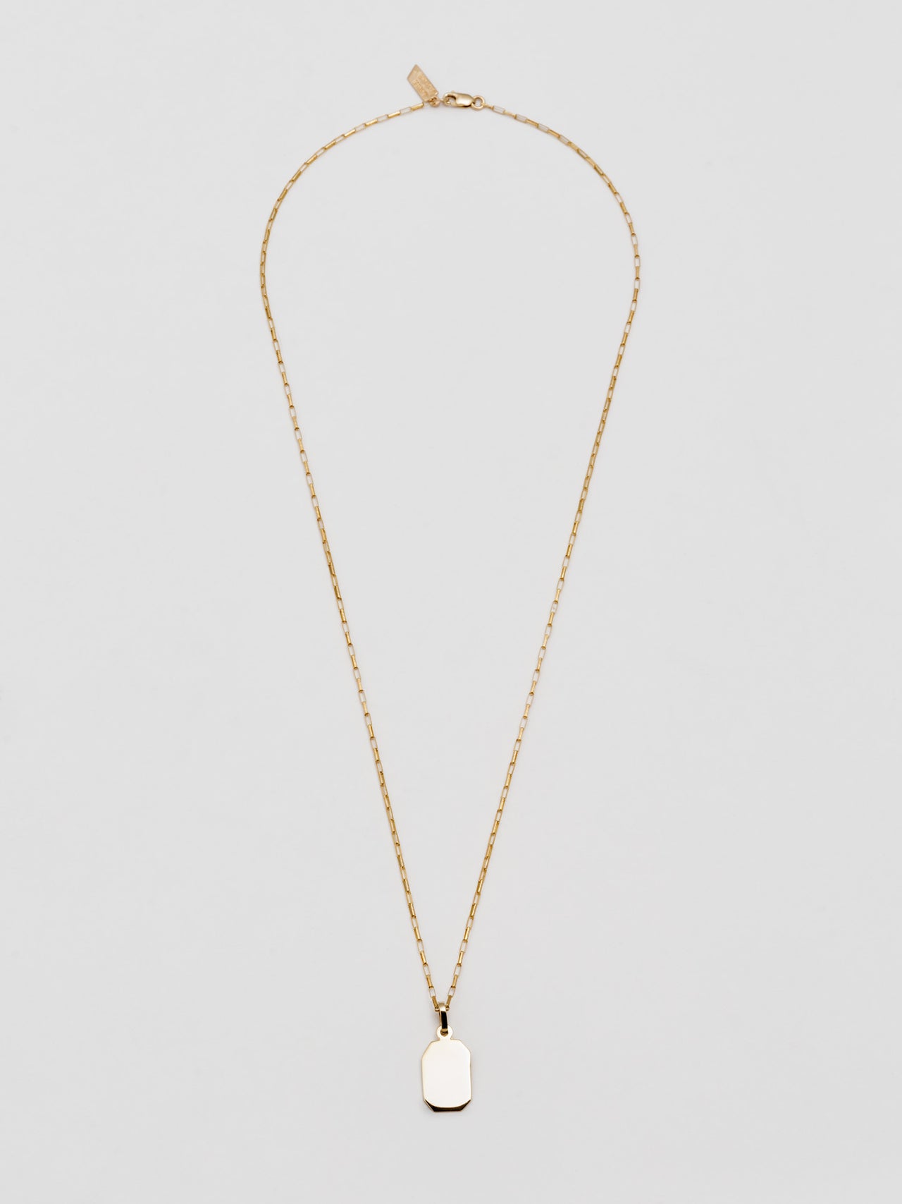 14kt Octagonal Id Charm + Elongated Box Chain pictured on light grey background.