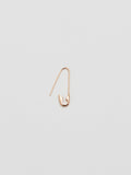 Product shot of the Safety Pin Earring with clasp open(14Kt Shiny Rose Gold Safety Pin Earring Length: 21.35mm) Background: Grey backdrop