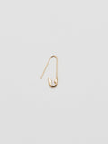 Detail product shot of the Safety Pin Earring on clasped (14Kt Shiny Yellow Gold Safety Pin Earring Length: 21.35mm) Background: Grey backdrop