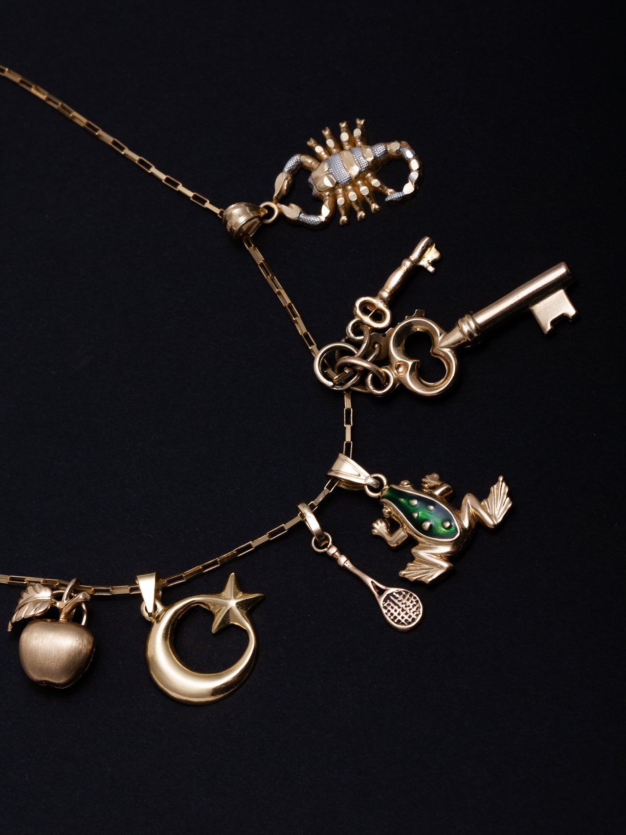 Lucky Apple Charm pictured on XL Lightweight Havana Chain with other Vintage Charms. Black Background.