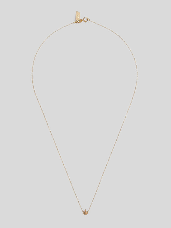 Product image of thin yellow gold chain necklace with small gold pot leaf pendant. 