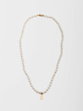 14kt Yellow Gold Pearl Id Charm Necklace pictured on white background.