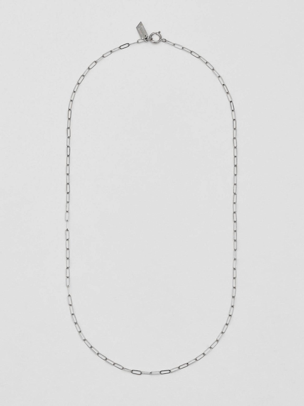Full View of Sterling Silver Lightweight Long Link Chain pictured on light grey background.