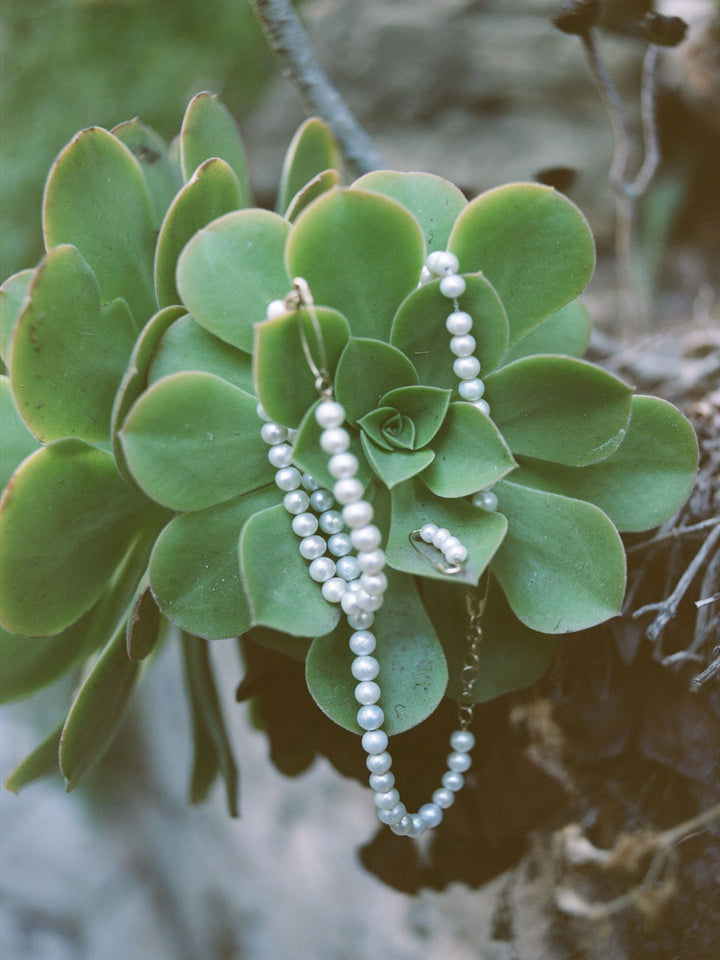14kt Yellow Gold XL Pearl Safety Pin Earring pictured laying on cactus. 