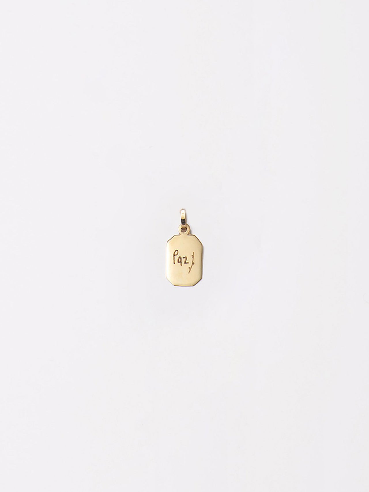 10kt yellow gold octagonal ID pendant with engraving: "Paz" with an olive branch