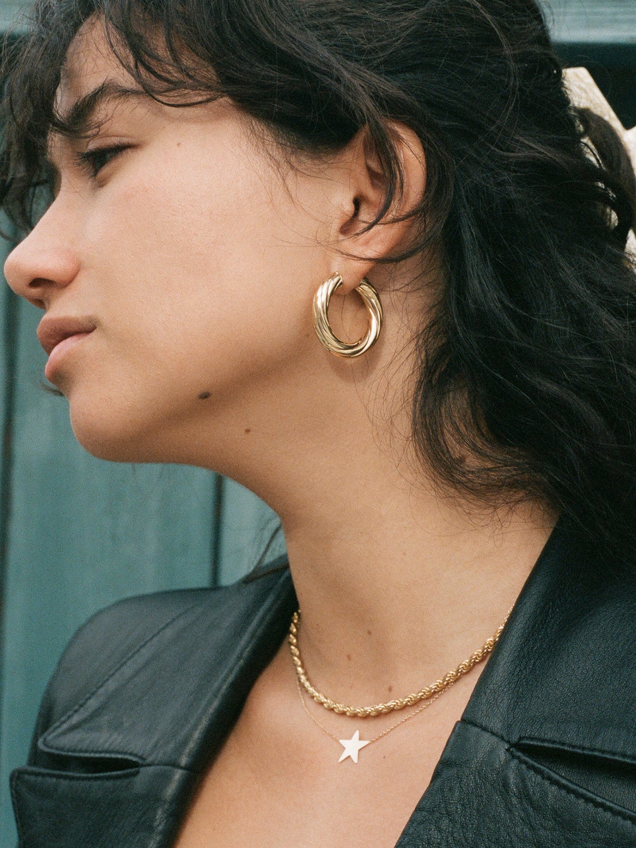 Star Necklace shot on model paired with Gold Industrial Chain Necklace and Whirlwind Hoops