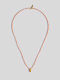 14kt Yellow Gold Pink Pearl Necklace with Citrine Pendant shot on light grey background.
