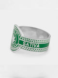 Sterling Silver Cigar Band with Green Enamel pictured on light grey background. Side Angle.