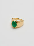 Product shot of the side of Classico Jade signet ring (Shiny vermeil tapered signet ring band with Oval Green Jade stone in center) with white Background.