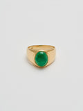 Product shot of the front of Classico Jade signet ring (Shiny vermeil tapered signet ring band with Oval Green Jade stone in center) with white Background.