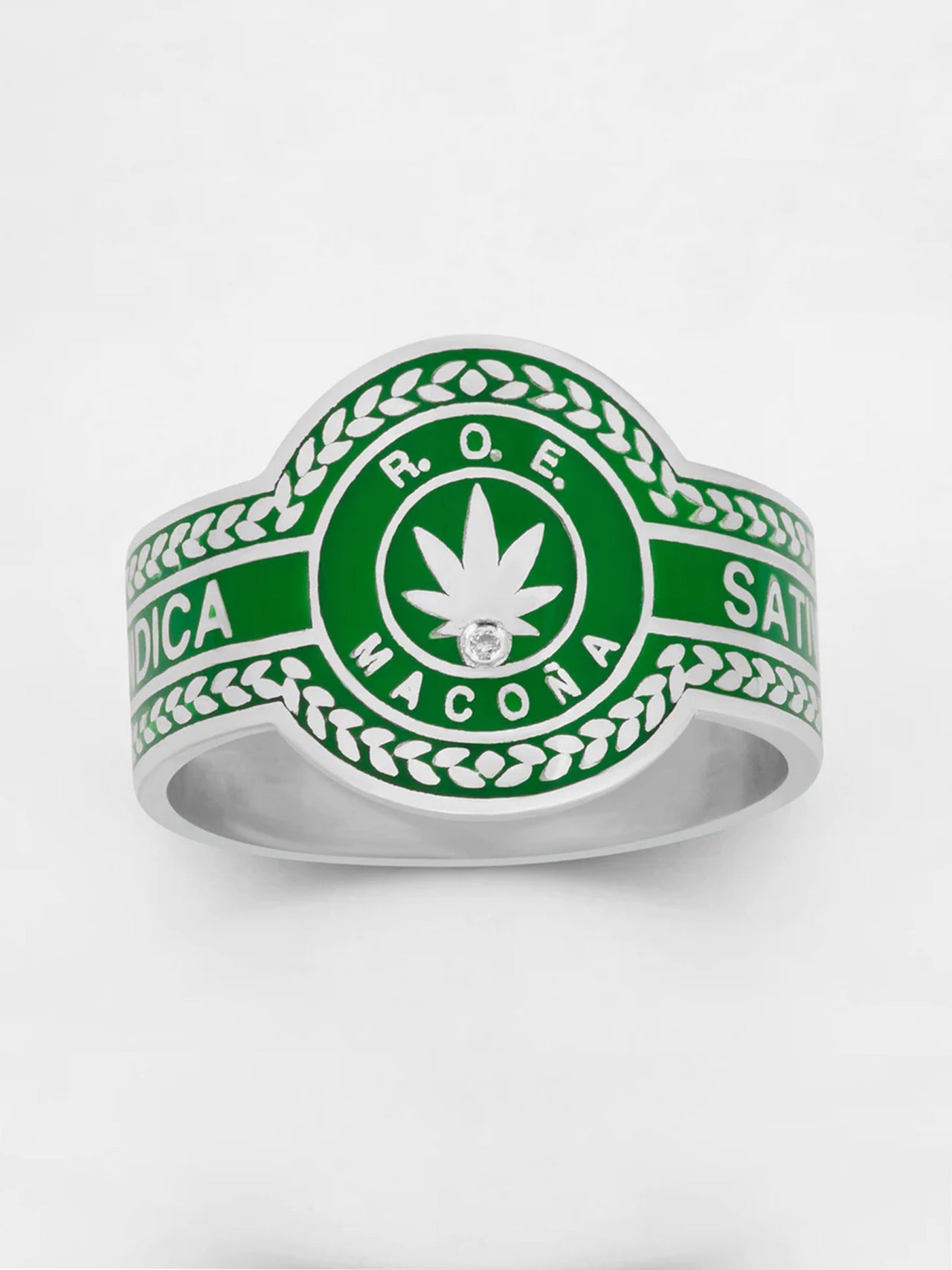 Sterling Silver Cigar Band with Green Enamel pictured on light grey background.