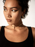 The Tru Hoops - Small  (Vermeil Gold) pictured on models ear. Grey backdrop