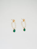 Product image of pearl hoops with green agate stones hanging from the bottom