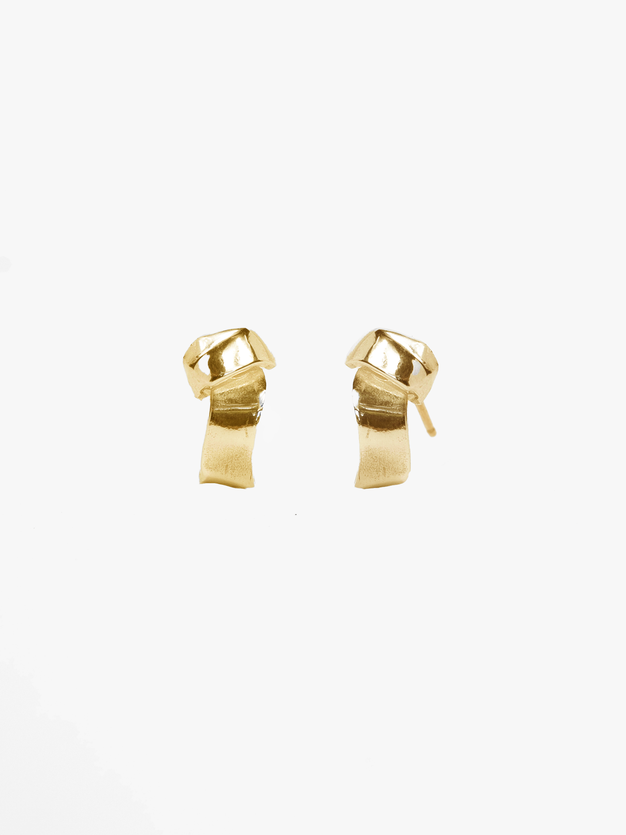 14kt Yellow Gold Popover Hug Studs pictured from front angle on light grey background. 