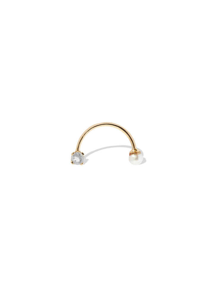 14kt Yellow Gold Rainbow Pearl & Sapphire Stud pictured on white background.