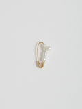 Product shot of the Mini Mixed Pearl Safety Pin Earring (14kt Yellow Gold Mixed Pearl Safety Pin Length: 17mm Mixed Freshwater Pearls) Background: Grey Backdrop