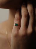 on model imagery of emerald cut bezel ring v.i.